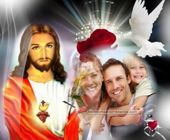 fotomontaje junto a jesus con palomas y rosas
